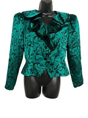 Vintage Richard Warren Silk Blouse Jacket Emerald‎ Green & Black